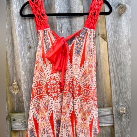 Free People Red Abstract Ethnic Tribal Pattern top braided lace straps Sz xs - Picture 3 of 6